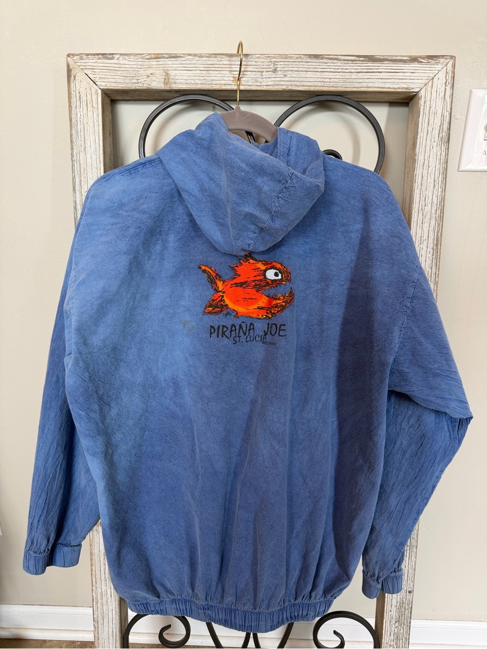 Pirana Joe St Lucia Vintage 90s Blue Washed Hooded Jacket Fish Graphic Medium